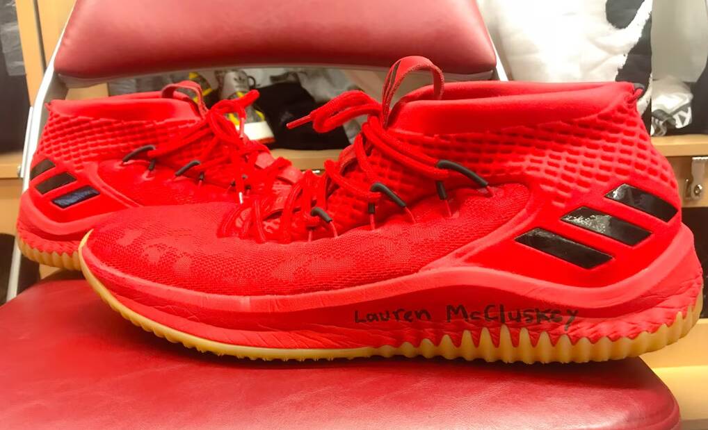 Lauren McCluskey name on Donovan Mitchell shoes