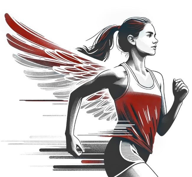 Line drawing of Lauren McCluskey running as an athlete with angel wings, symbolizing her spirit and legacy, represented by The Lauren McCluskey Foundation.