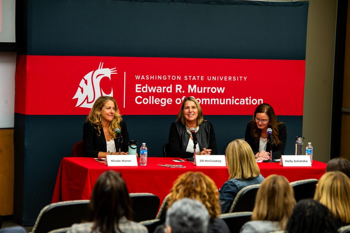 Jill McCluskey, Nicole Noren, Jani Iwamoto in Power of Voice Panel Murrow Symposium November 2023 at Washington State University