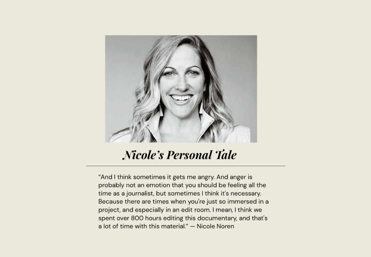 Photo of Nicole Noren alongside a reflection on the deep anger and emotional impact she experienced while immersing herself in Lauren’s story during the making of the LISTEN documentary.