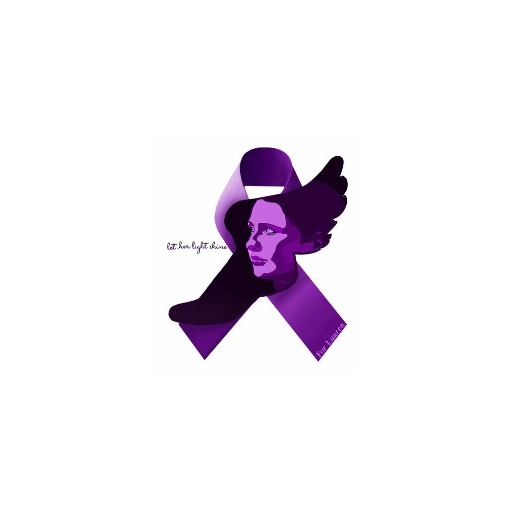 Purple awareness ribbon with a stylized illustration of Lauren McCluskey's face in shades of purple, blending into the ribbon. One side of the ribbon extends into the shape of a winged foot. The words 'let her light shine' appear on the left side, and 'For Lauren' is written at the bottom right of the ribbon.