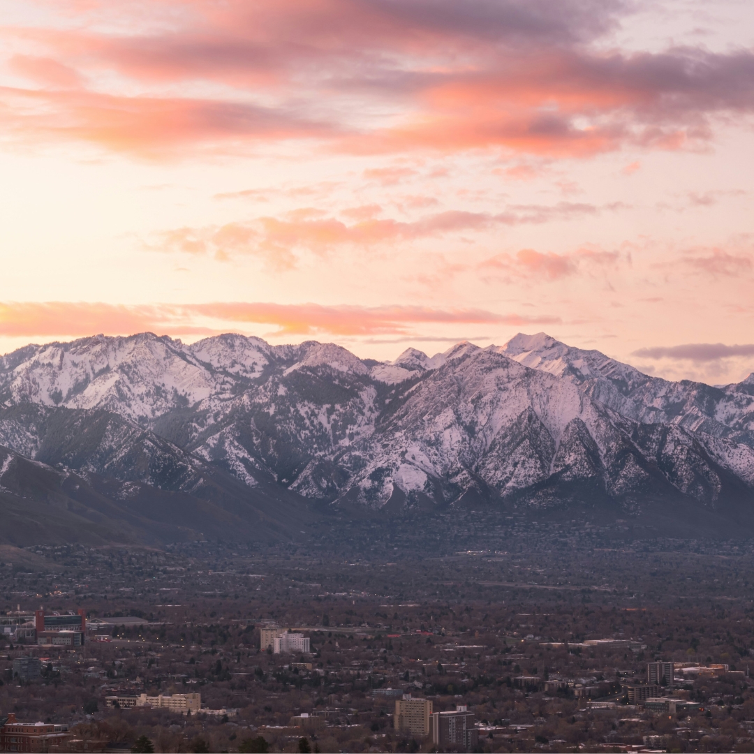 Wasatch Mountain Range. Snowcapped mountains. Sunset.