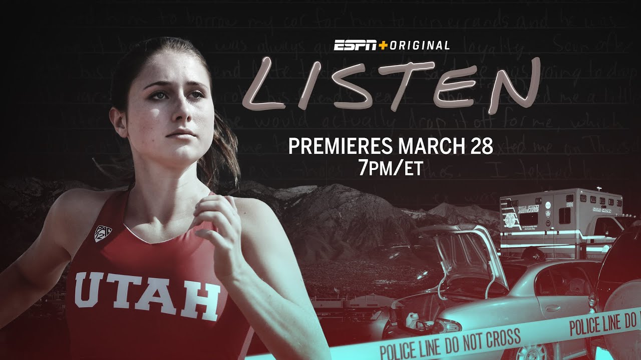 ESPN Listen banner photo of Lauren. Caution tape. Wasatch Mountains in Background.