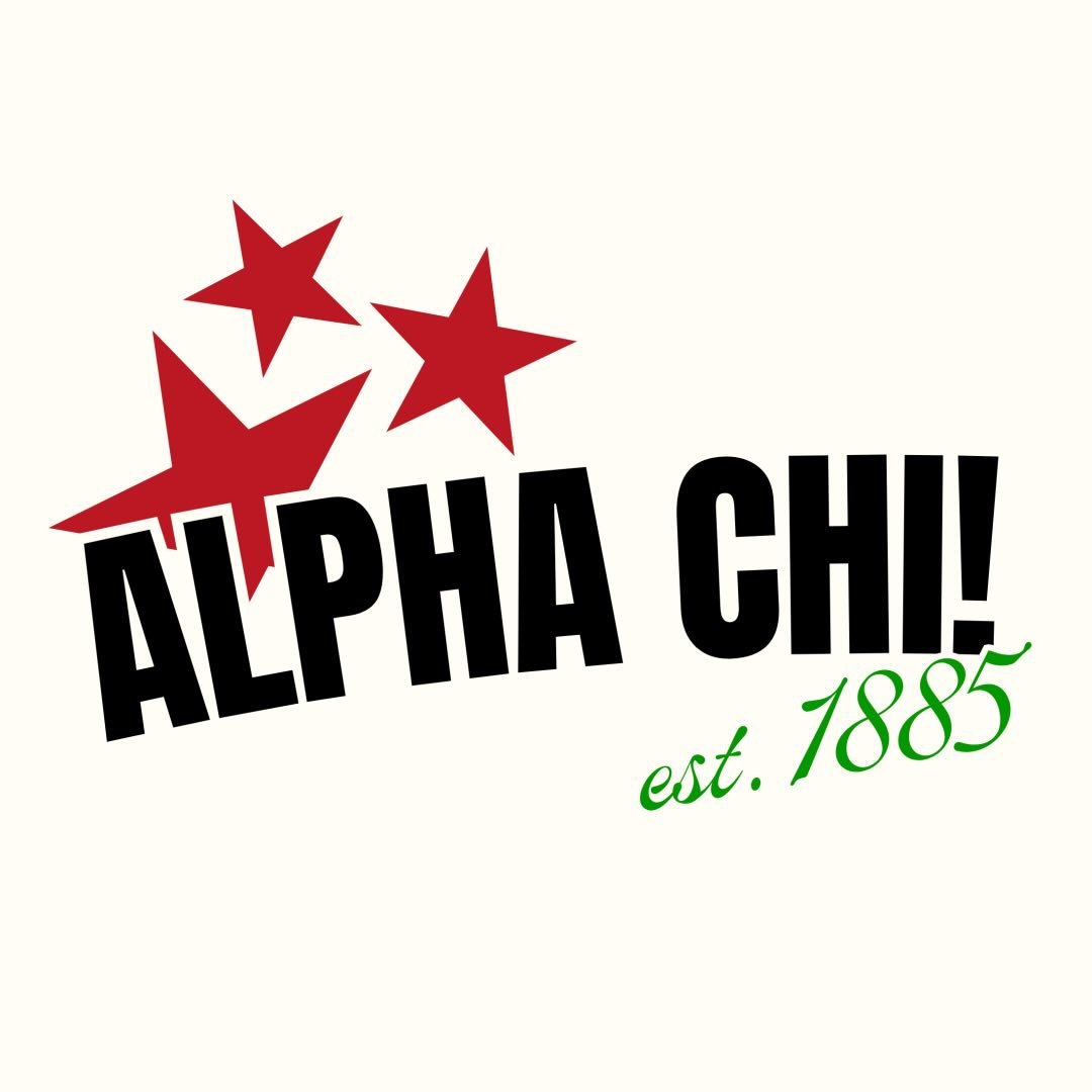 Alpha Chi Omega Utah design featuring red stars in the upper left corner, green text reading ‘Alpha Chi!’ with ‘est. 1885’ below, on a yellow background