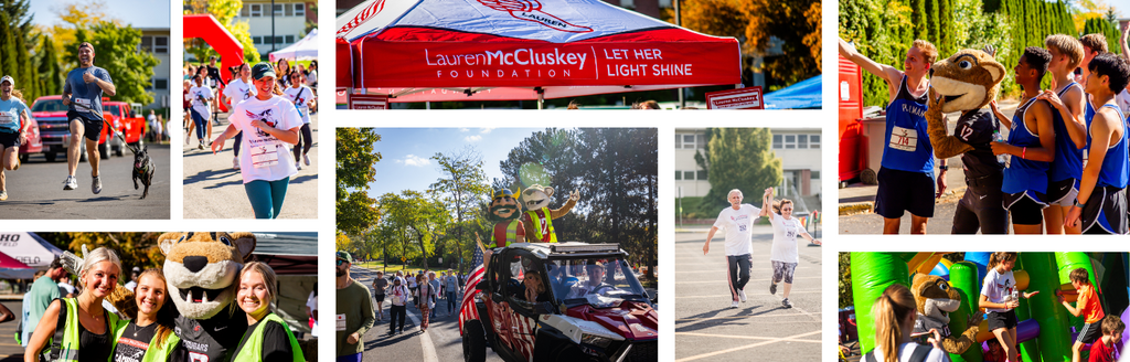 Collage of photos from the Lauren McCluskey Race for Campus Safety in Pullman, featuring runners, volunteers, mascots, participants crossing the course, and a Lauren McCluskey Foundation event tent.